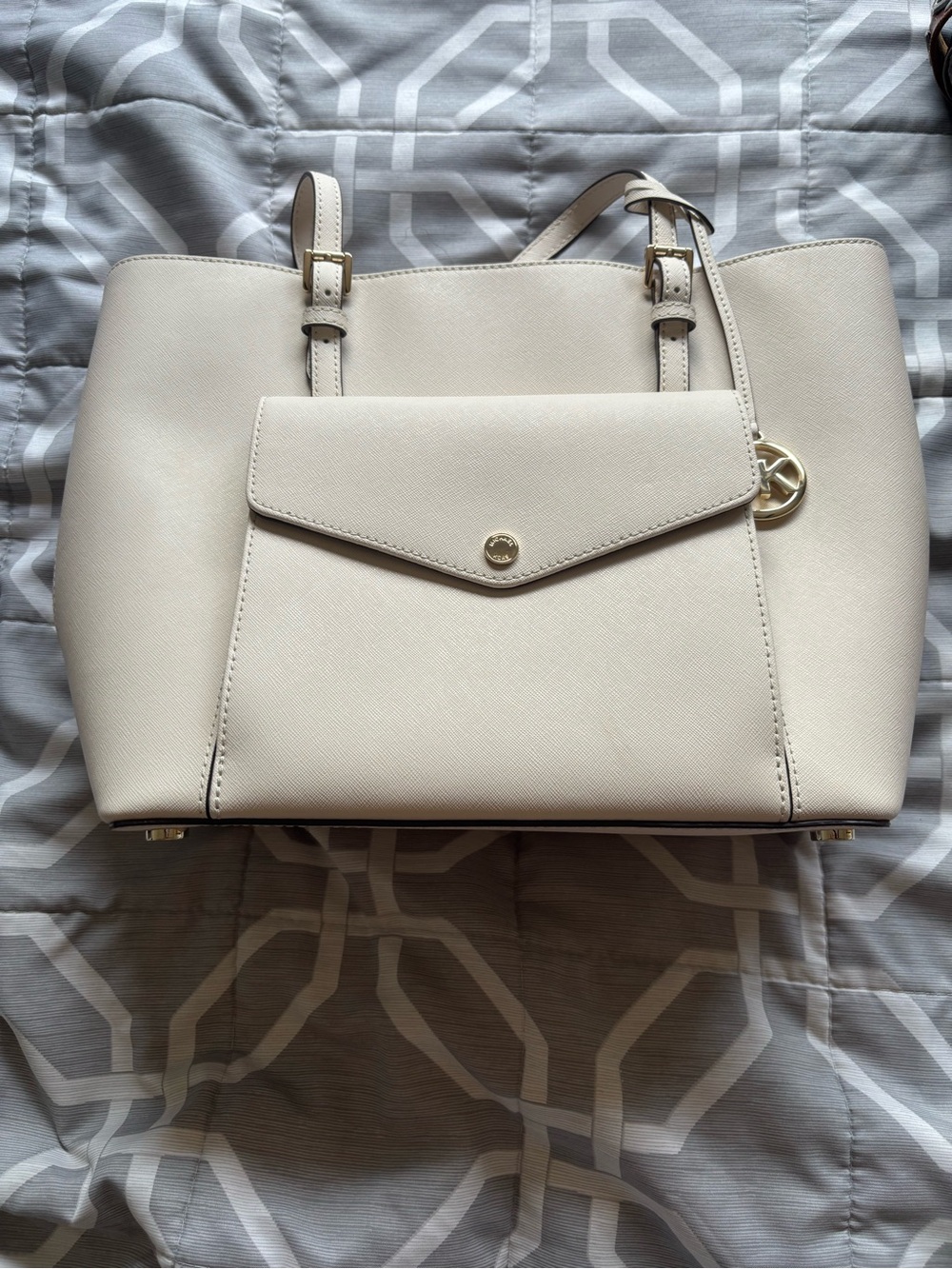 Micheal Kors Cream Structured Tote Bag with Front Flap Pocket - Women's Handbag